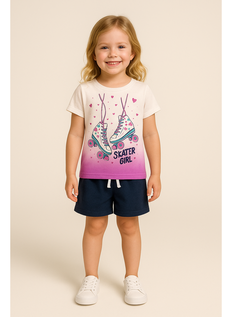 conjunto de verao infantil feminino blusa bege e shorts preto patins kk kids
